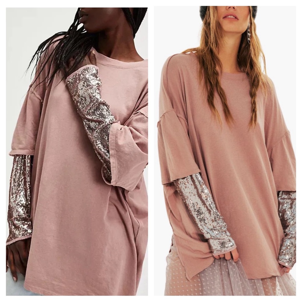 FREE PEOPLE NELLIE LONG SLEEVE LAYERED SEQUIN  TOP OS MAUVE